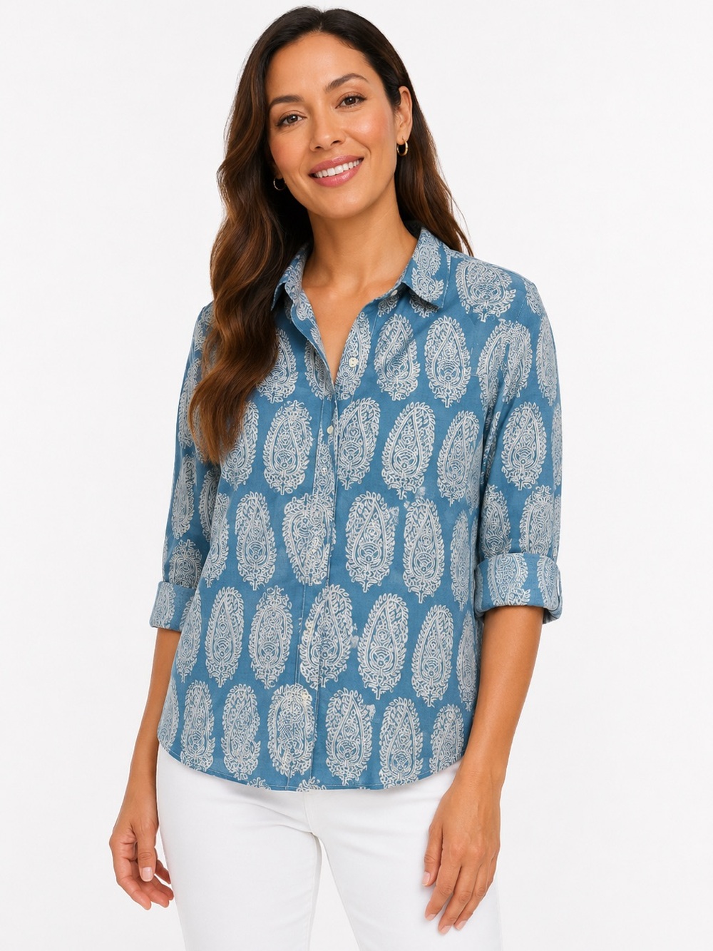 French Curve 100% Cotton Paisley button down Shirt Womens M Blue / White